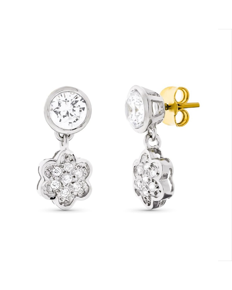 Pendientes oro blanco 18k flor colgante circonitas 17x8mm