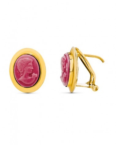 Pendientes oro amarillo 18k camafeo coralina rosa 10x8mm