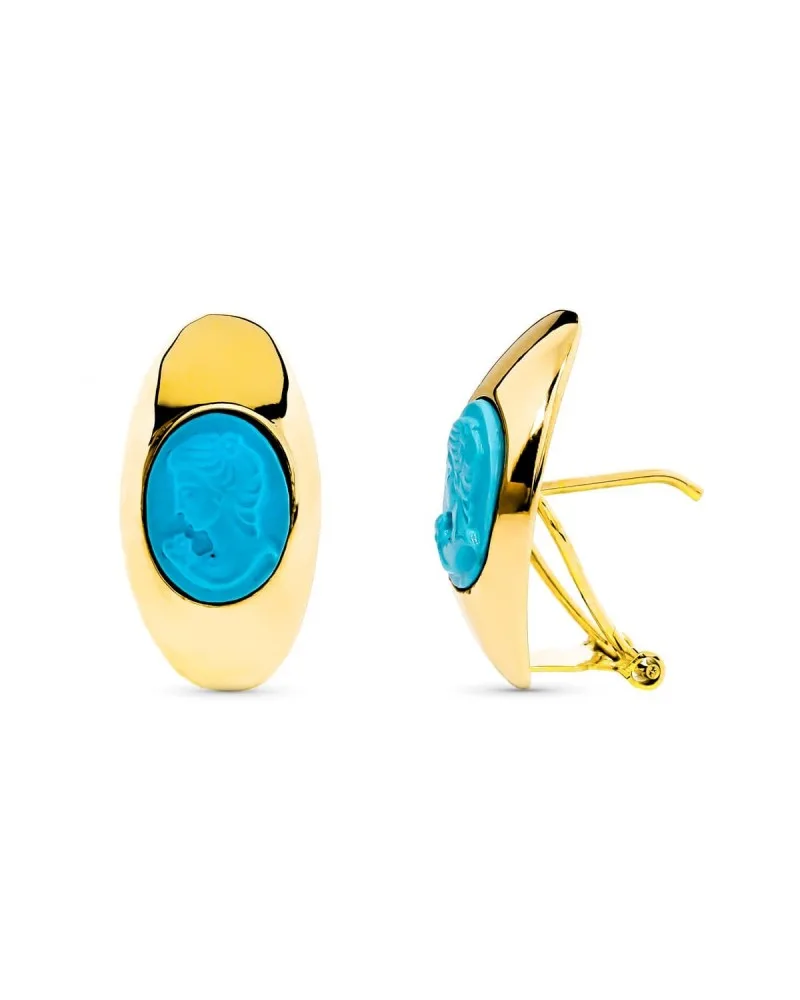 Pendientes oro amarillo 18k camafeo turquesa cierre omega