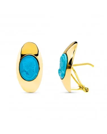Pendientes oro amarillo 18k camafeo turquesa cierre omega