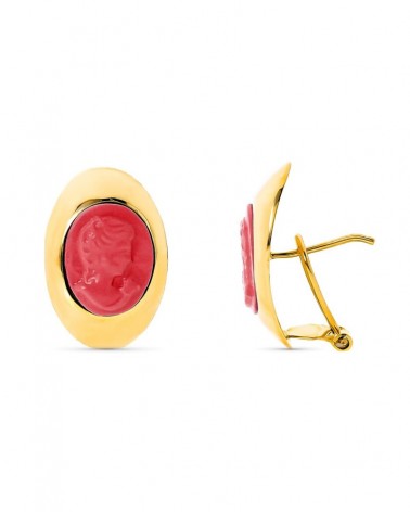 Pendientes oro amarillo 18k camafeo coralina 20x13mm