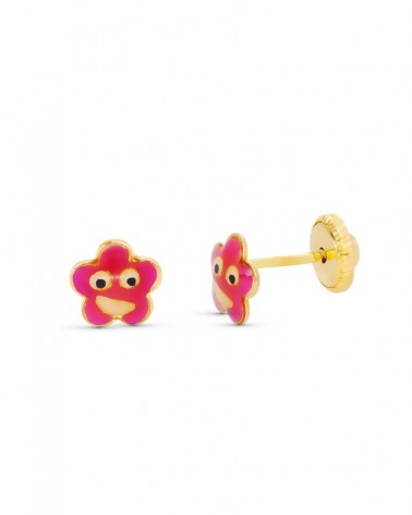 Pendientes oro amarillo 18k flores esmaltadas cierre tuerca