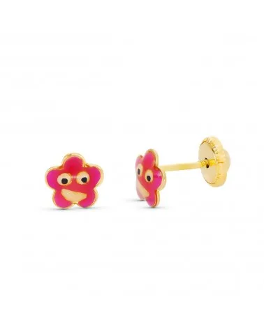 Pendientes oro amarillo 18k flores esmaltadas cierre tuerca