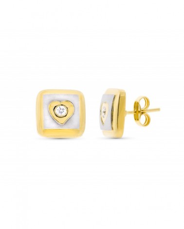 Pendientes oro 18k bicolor cuadrado circonita 11x11mm