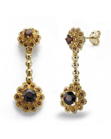 Pendientes oro amarillo 18k flores granate cadena esferas 4,88 gr