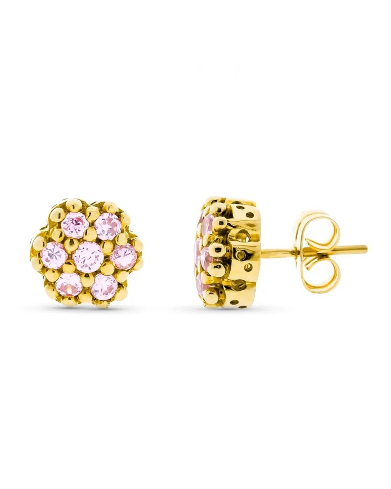 Pendientes oro 18k amarillo circonitas rosas diseño floral 9mm