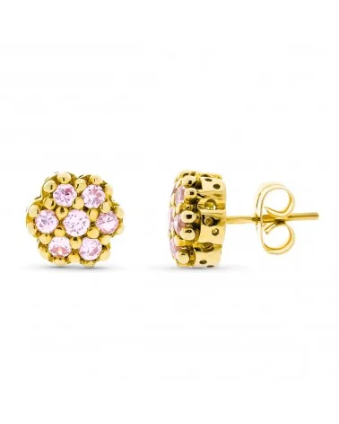 Pendientes oro 18k amarillo circonitas rosas diseño floral 9mm
