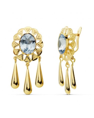 Pendientes oro 18k amarillo piedra azul oval lágrima 3,2 gramos