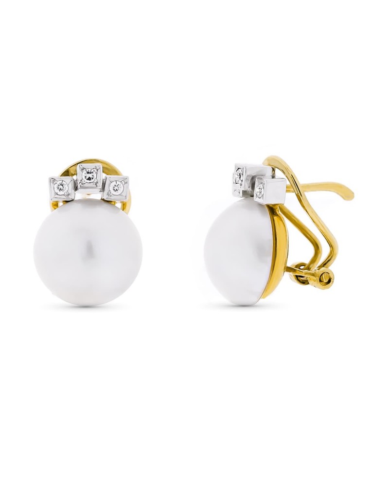 Pendientes oro bicolor 18k perla japonesa circonitas omega