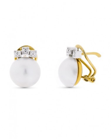 Pendientes oro bicolor 18k perla japonesa circonitas omega