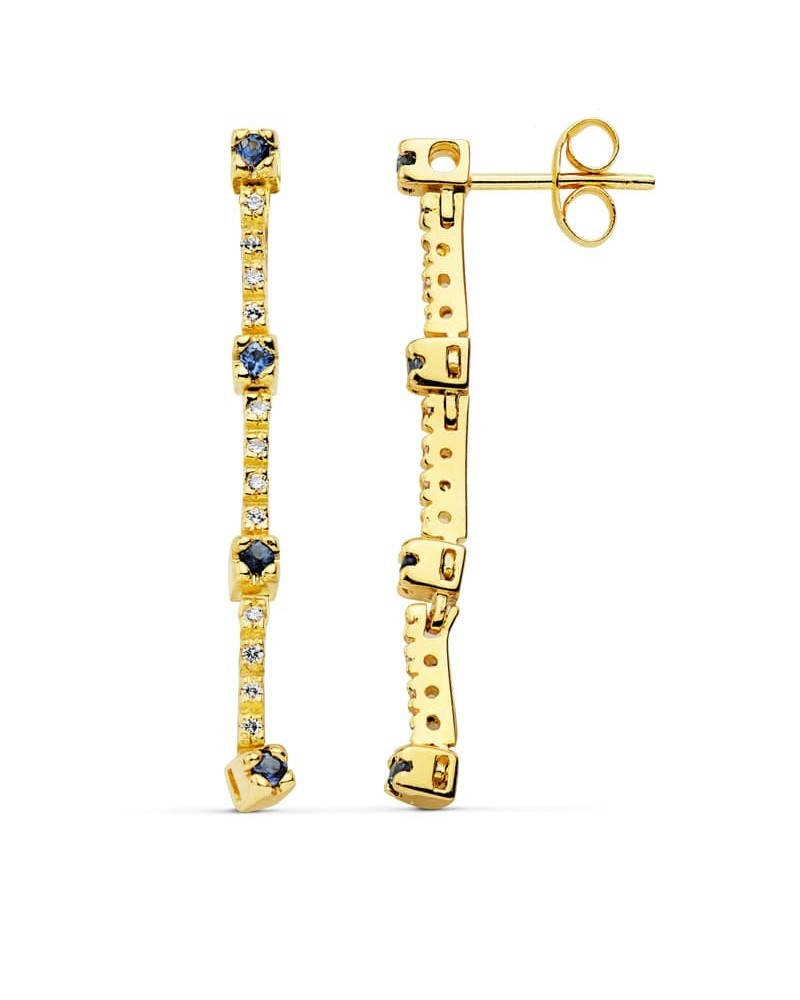 Pendientes oro 18k largos zafiro circonita presión