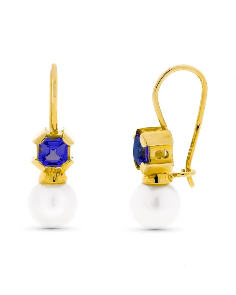 Pendientes oro amarillo 18k perla amatista gancho 3 gramos