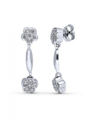 Pendientes oro blanco 18k flores circonita largos 26x7mm
