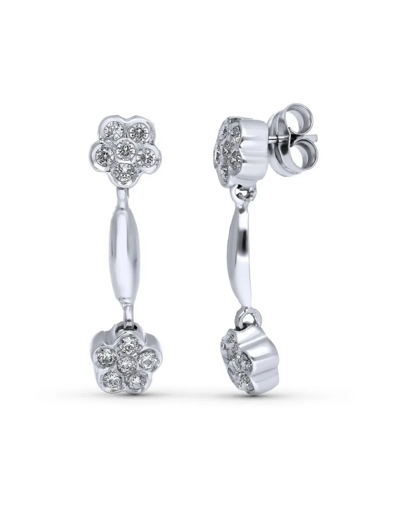 Pendientes oro blanco 18k flores circonita largos 26x7mm