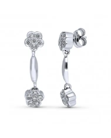 Pendientes oro blanco 18k flores circonita largos 26x7mm