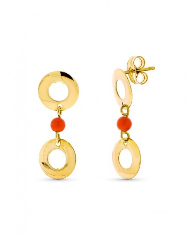 Pendientes oro amarillo 18k coral natural círculos 1,84 gramos