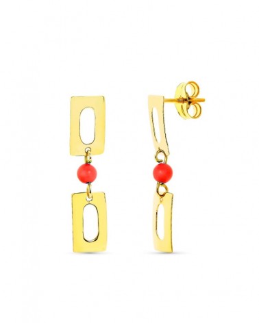 Pendientes oro 18k rectangular coral rojo 3 mm