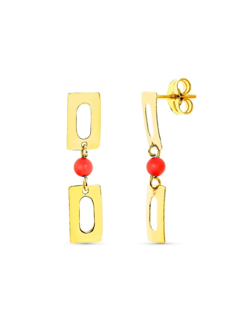 Pendientes oro 18k rectangular coral rojo 3 mm