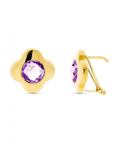 Pendientes oro amarillo 18k trébol amatista cierre omega
