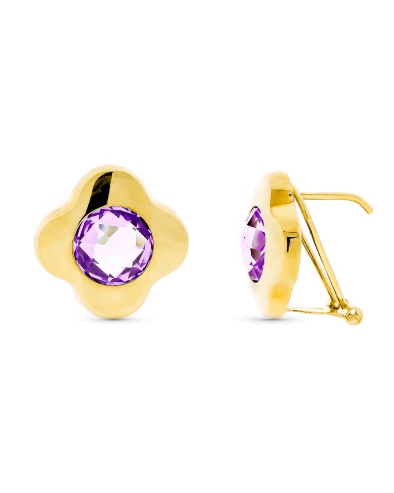 Pendientes oro amarillo 18k trébol amatista cierre omega