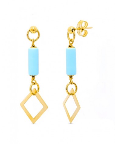 Pendientes oro amarillo 18k turquesa rombo calado 1,94 gramos