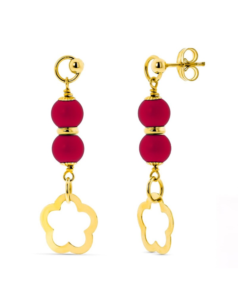 Pendientes oro amarillo 18k coralina roja flor calada