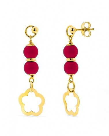 Pendientes oro amarillo 18k coralina roja flor calada