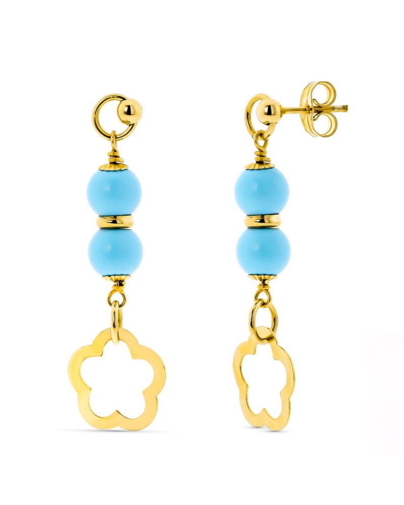 Pendientes oro amarillo 18k turquesa flor calada 2,1 gramos