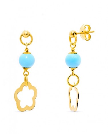 Pendientes oro amarillo 18k turquesa flor calada 6mm