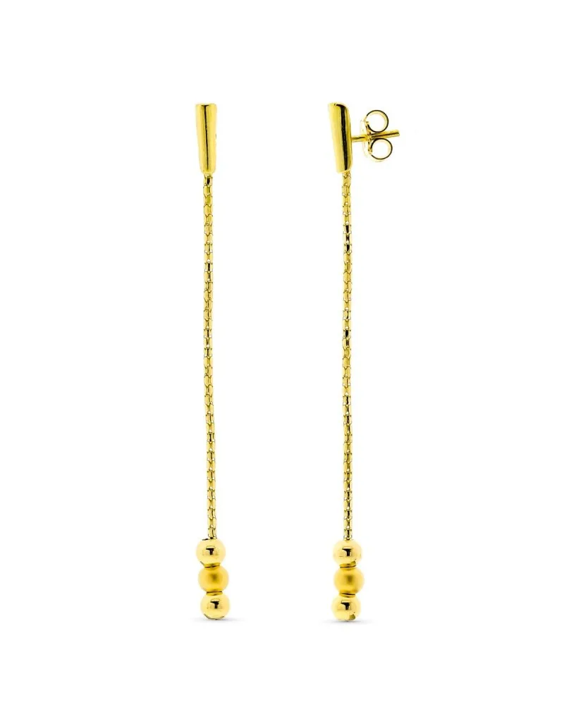 Pendientes oro amarillo 18k cadena tres bolas 3,36 gramos