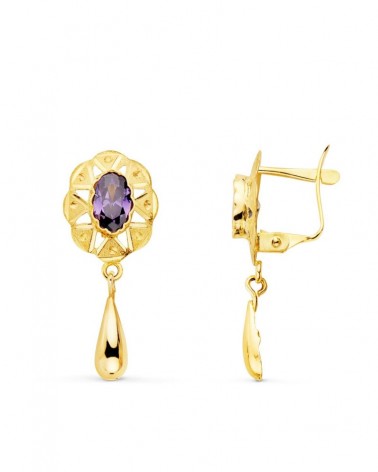 Pendientes oro amarillo 18k amatista oval chatón ornamentado