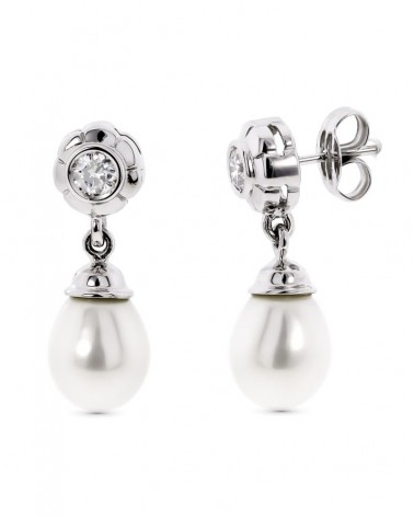 Pendientes oro blanco 18k circonita perla colgante