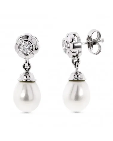 Pendientes oro blanco 18k circonita perla colgante