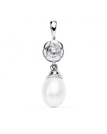 Colgante oro blanco 18k perla y circonita 22x8 mm