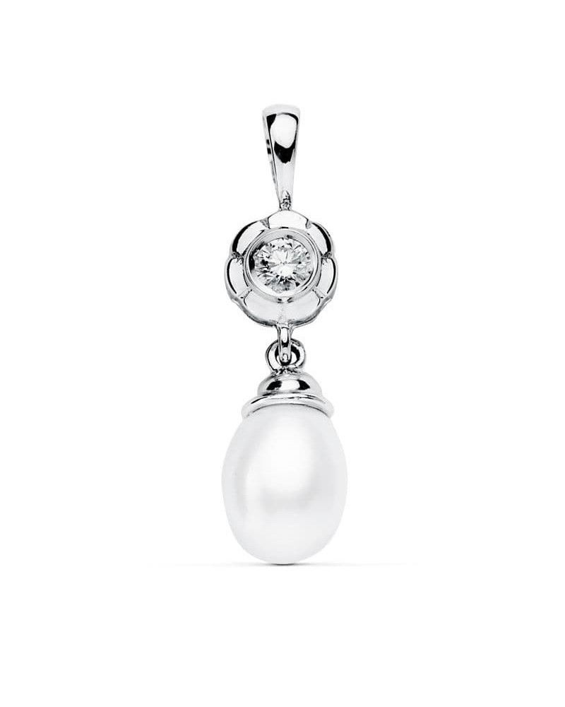 Colgante oro blanco 18k perla y circonita 22x8 mm
