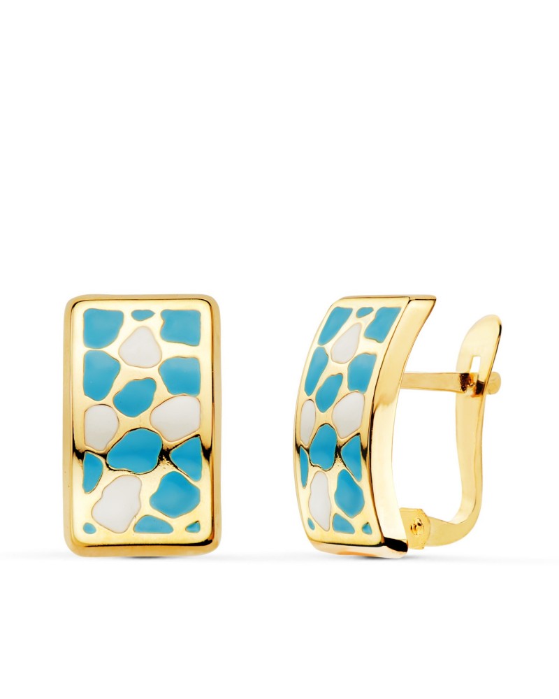 Pendientes oro amarillo 18k esmalte azul geométrico 14x9mm