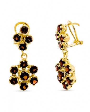 Pendientes oro amarillo 18k granates diseño floral 30x13mm