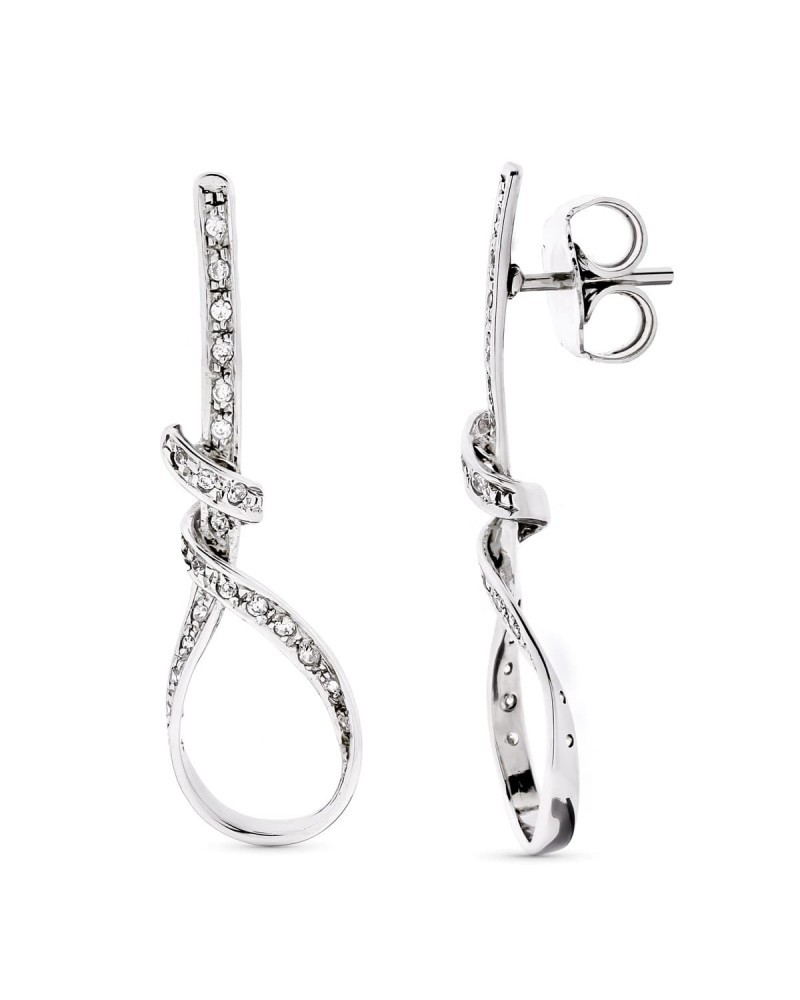 Pendientes oro blanco 18k nudo circonitas 41x12mm