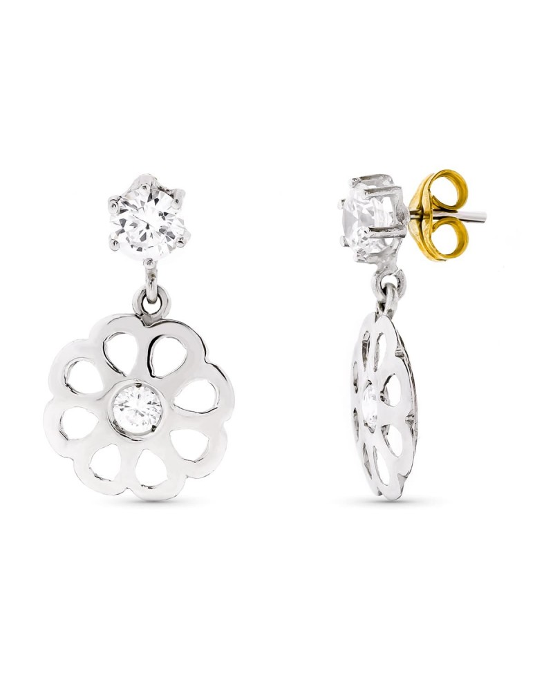 Pendientes oro blanco 18k flor calada circonita 22x13mm