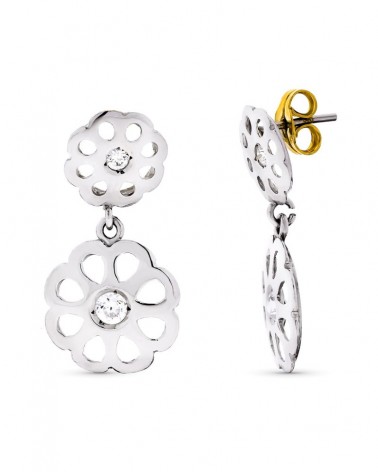 Pendientes oro blanco 18k floral circonita 20x10mm