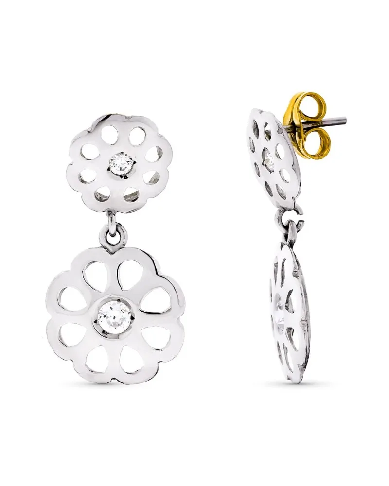 Pendientes oro blanco 18k floral circonita 20x10mm