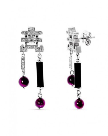 Pendientes oro blanco 18k circonita bolas moradas negras