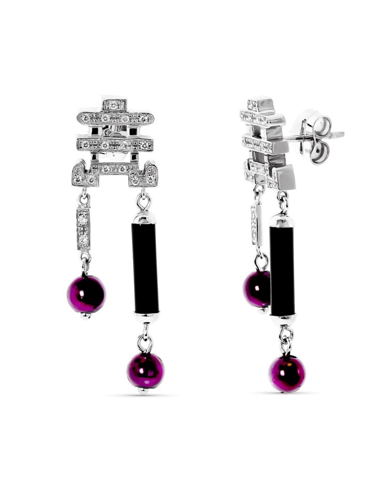 Pendientes oro blanco 18k circonita bolas moradas negras