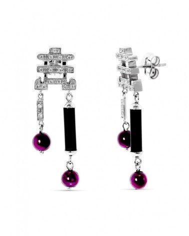 Pendientes oro blanco 18k circonita bolas moradas negras