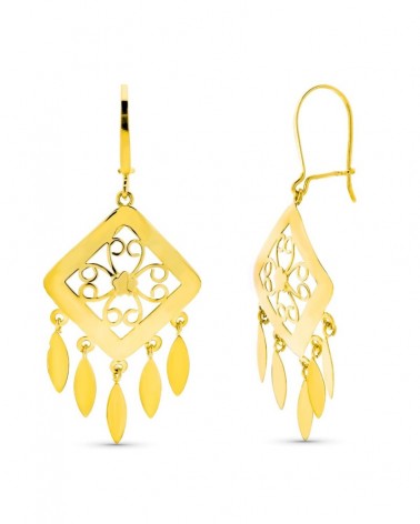 Pendientes oro amarillo 18k diseño calado floral lágrimas colgant