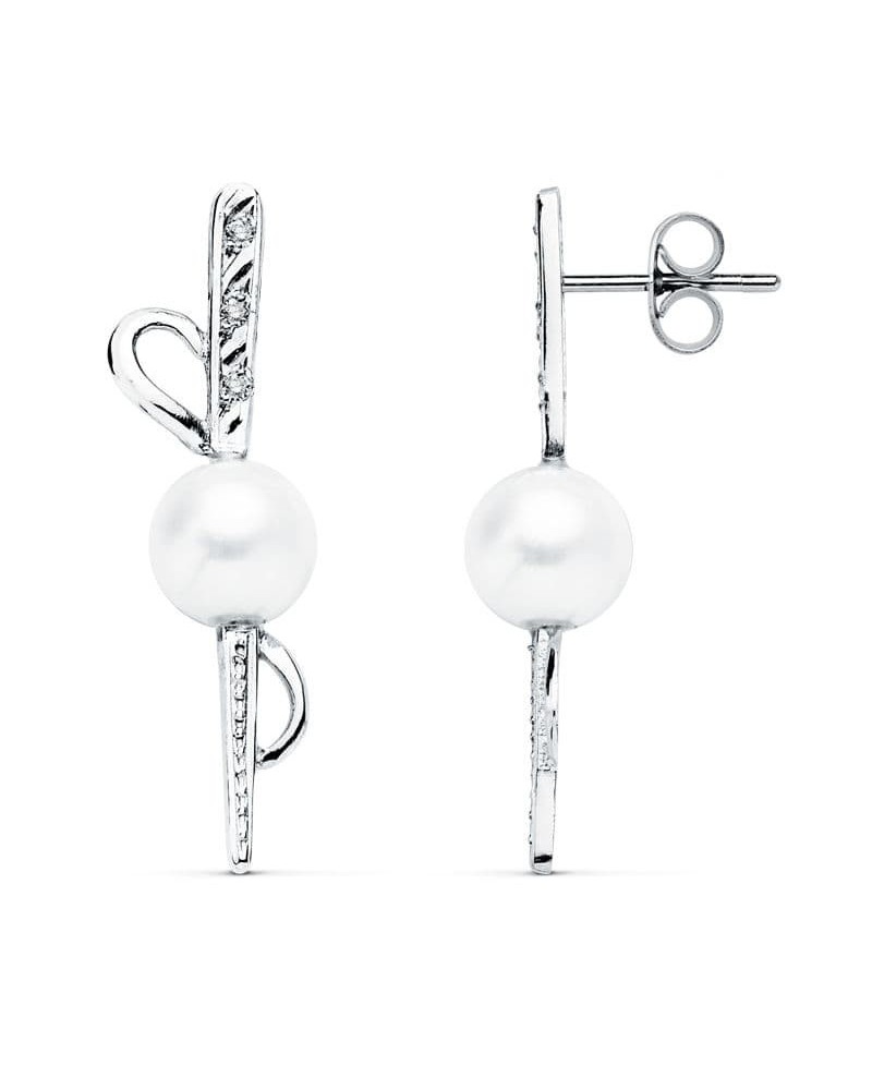 Pendientes oro blanco 18k perla cultivada circonitas 30x9mm