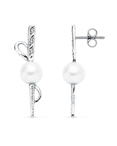 Pendientes oro blanco 18k perla cultivada circonitas 30x9mm