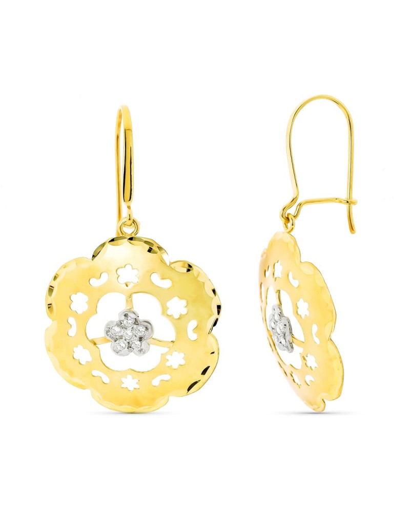 Pendientes oro bicolor 18k flor circonita gancho