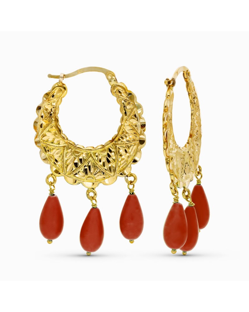 Aros oro 18k amarillo tallados coral natural 6,25 gramos