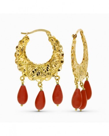 Aros oro 18k amarillo tallados coral natural 6,25 gramos